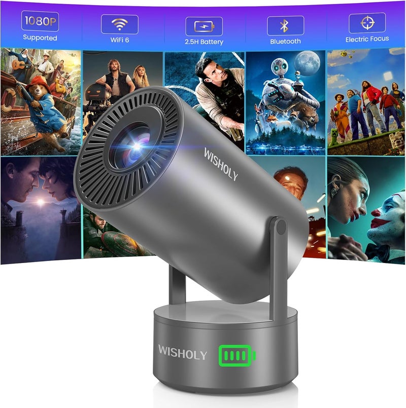 WISHOLY Projector with WiFi and Bluetooth, Mini Portable Projector with Built-in Rechargeable Battery for Outdoor, 1080P Supported, Electric Focus & Auto Keystone, Home Theater with 210° Mount - Image 1